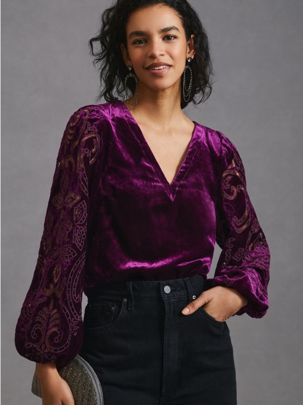 Anthropologie Deep Purple Plum Velvet Embroidered Sleeve Blouse – Size Small